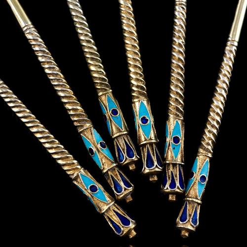 Antique Russian Silver Enamel Cloisonne Spoons by Dmitrii Nikolaevich Nikolaev, 1900s, Set of 6 For Sale - Image 10 of 18
