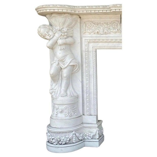 Hand Carved Marble Fireplace with Children Statues For Sale - Image 4 of 5