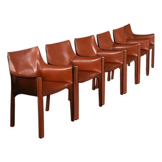 Mario Bellini for Cassina Cab 413 Italian Red Leather Dining Chairs Set of 6 For Sale