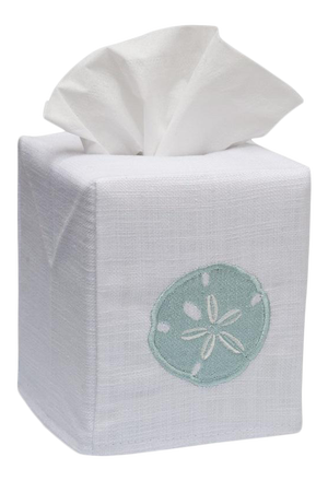 Aqua Sand Dollar Tissue Box Cover in White Linen & Cotton, Embroidered