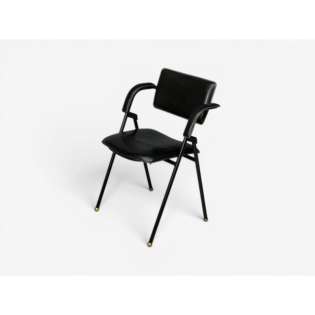 1950s Jacques Adnet Attr., Desk and Folding Chair, Black Leather, Brass, France, 1950s For Sale - Image 5 of 18