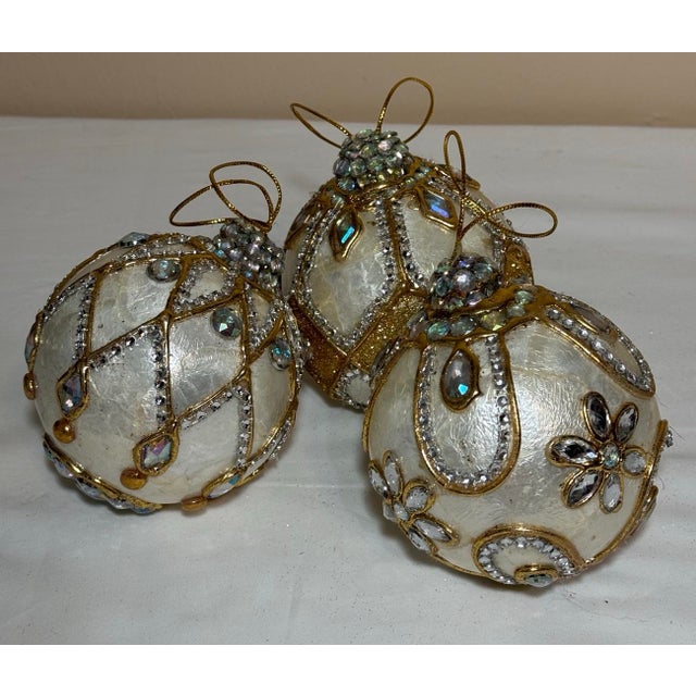 Set of 3 Iridescent Faux Gem Encrusted Ivory & Gold Capiz Shell Holiday Ornaments For Sale - Image 4 of 9