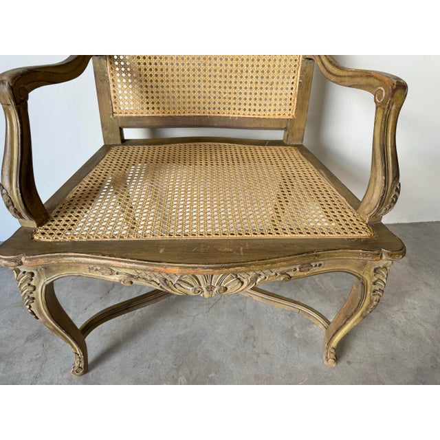 Hollywood Regency 1970s Hollywood Regency French Louis XV Style Carved Wood Cane Fauteuil Armchair For Sale - Image 3 of 12