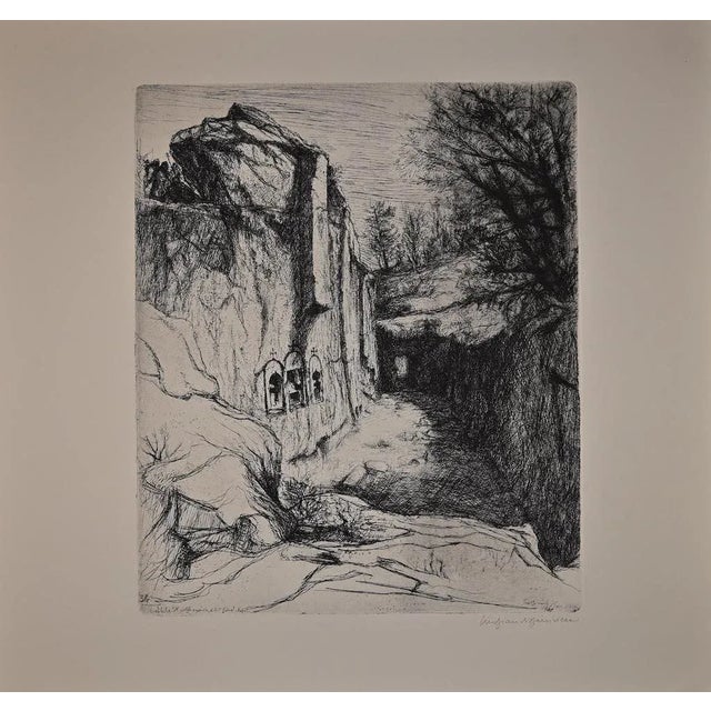 Lalibela - Bièt Gàbriel is an original etching on paper realized by Lino Bianchi Barriviera in 1939. Hand-signed in pencil...