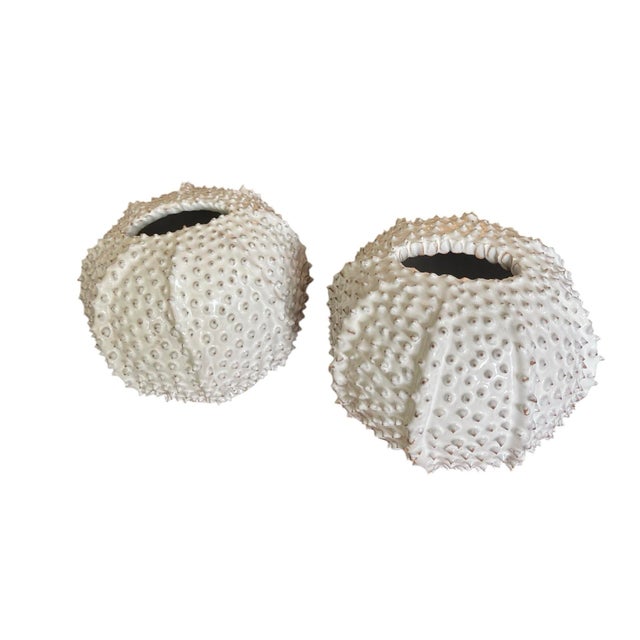 2000 - 2009 Pair of Vintage Italian White Ceramic Sea Urchin Vases For Sale - Image 5 of 12