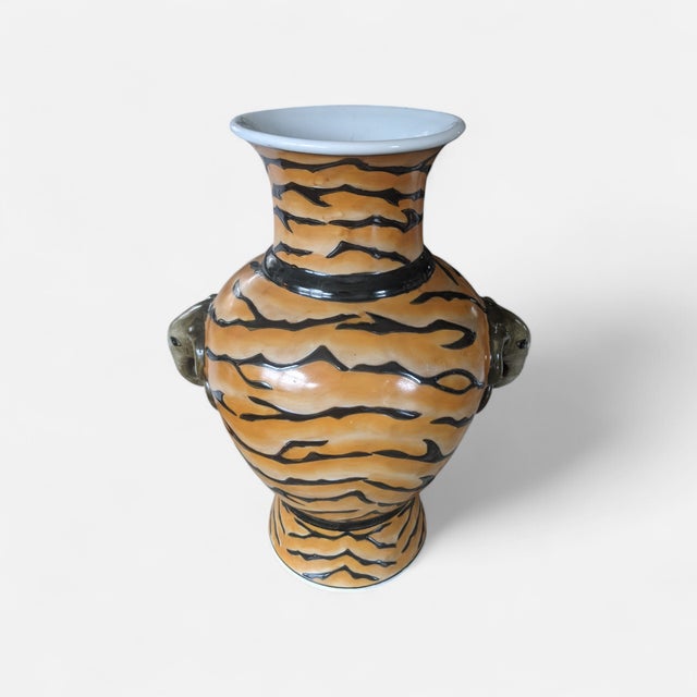 Zebra Animal Print Ceramic Vase With Elephant Ring Pulls For Sale - Image 4 of 8