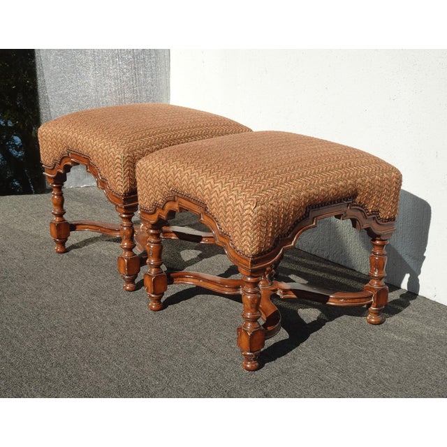 French Country Pair Vintage Marge Carson French Country Styl Brown Ottomans W Decorative Nails For Sale - Image 3 of 18