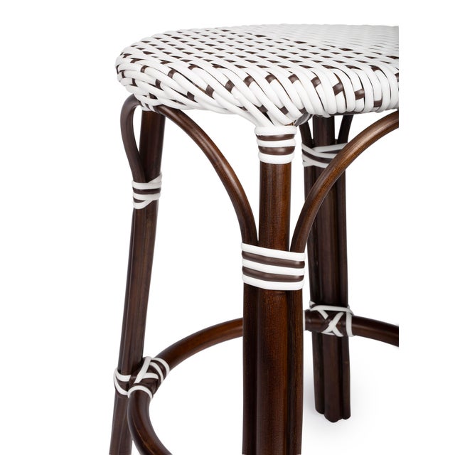 Tobias 24 in. Seat Height Round Rattan Backless Counter Stool, White/Brown Dot / Dark Brown Rattan Frame For Sale In Chicago - Image 6 of 9
