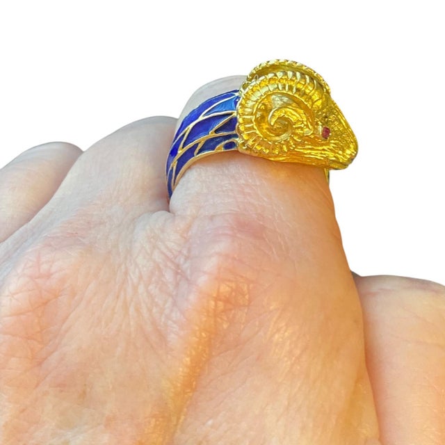 Vintage 18k Enamel and Ruby Ram's Head Ring, Size 9 For Sale - Image 11 of 11