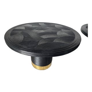 1970s Gabriella Crespi–Style Black Painted Pencil Reed Rattan Round Dining Table With Brass Base For Sale