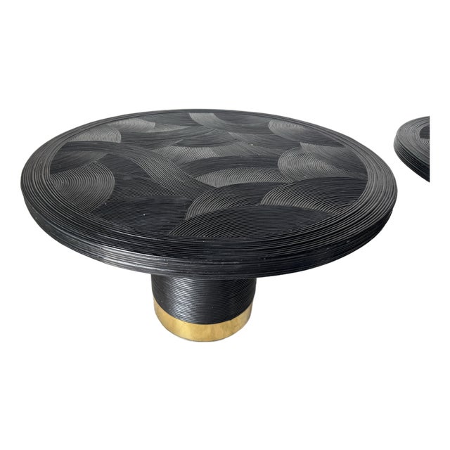 1970s Gabriella Crespi–Style Black Painted Pencil Reed Rattan Round Dining Table With Brass Base For Sale