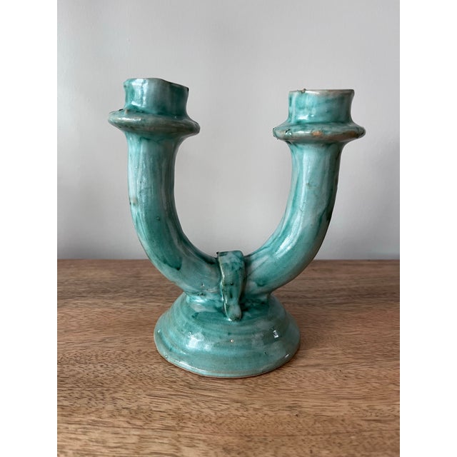 A rare C.A.S. (Ceramiche Artistiche Solimene) Vietri double candleholder from the 1940s in the brutalistic style of Guido...