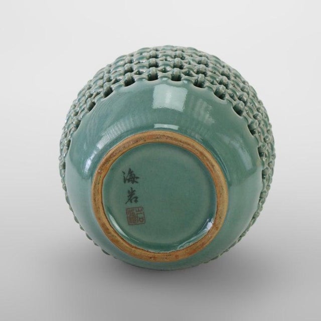 Antique Japanese Reticulated Celadon Pottery Vase Signed C1920 For Sale - Image 6 of 6
