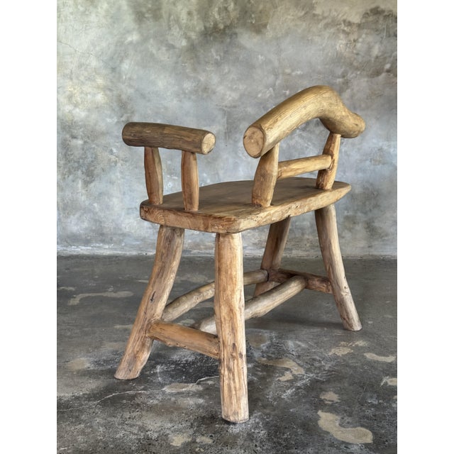 Small Vintage Bench with Backrest and Armrest in Light Asian Teak, 1990s For Sale - Image 3 of 10