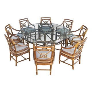McGuire Mid Century Modern Octagonal Bamboo Dining Table & 8 Target Back Chairs For Sale