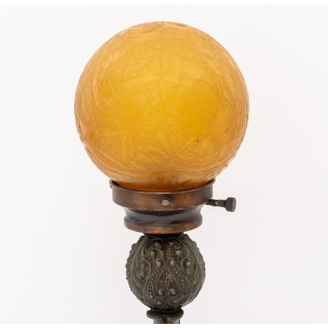 Early 20th Century Art Deco Figural Amber Glass Globe Shade Lamp For Sale - Image 5 of 10