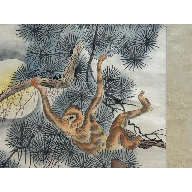 Paper Oriental Scholar Monkeys Ink Brush Color Scroll Painting Wall Art For Sale - Image 7 of 11