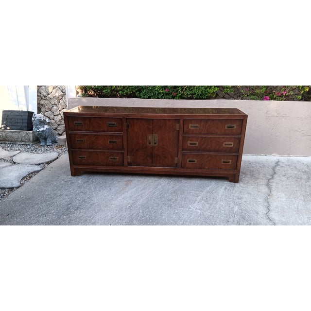 1960s Mid-Century Modern Walnut Drexel Heritage Dynasty Campaign Dresser or Credenza With Brass Hardware For Sale - Image 10 of 10