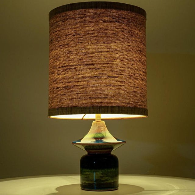 Blue Ceramic Table Lamps with Silk Lampshades from Soholm, Denmark, 1960s, Set of 2 For Sale - Image 10 of 12