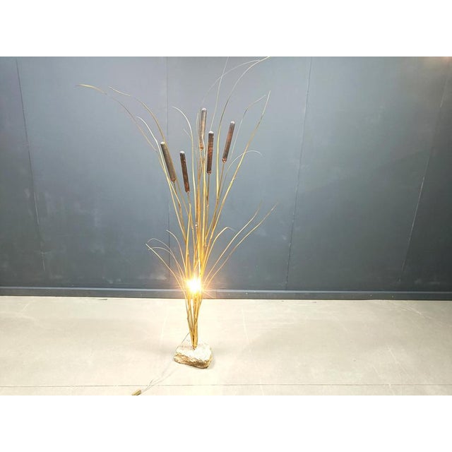 Vintage Brass Cattail Floor Lamp attributed to Daniel Dhaeseleer, 1970s For Sale - Image 4 of 13