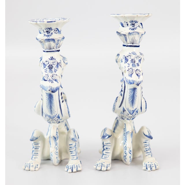 Delft Dutch Delft Faience Dragon Candlesticks, Circa 1930 - A Pair For Sale - Image 4 of 12