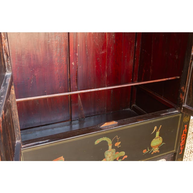 Late 19th Century Antique Chinese Black Lacquer Armoire W/Painted Landscape For Sale - Image 5 of 12