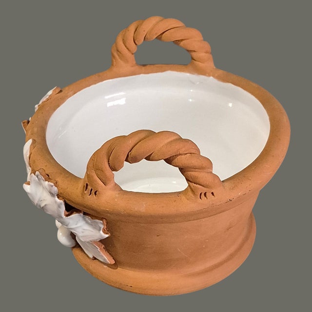 Vintage Italian Hand Decorated White Grapes Glazed Terra-Cotta Basket Planter For Sale - Image 4 of 9
