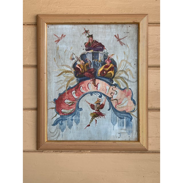 Fine French Chinoiserie Chic Figurative Whimsical Oil on Wood Painting in Gilt Frame For Sale - Image 15 of 18