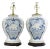 Pair of Vintage Hand Painted Blue and Cream Ceramic Table Lamps With Deer and Floral Folk Art Design For Sale