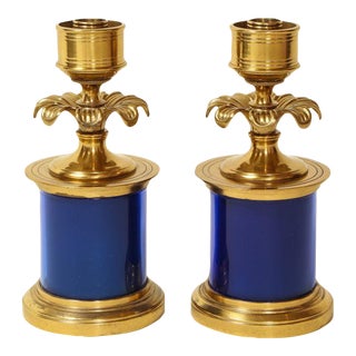 A Pair of Fine Neoclassical-Style Gilt Bronze and Cobalt Blue-Enameled Candlesticks For Sale