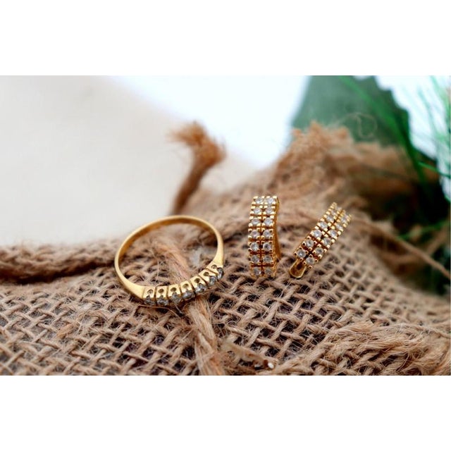 Earrings and Ring in 19.2k Gold with Diamonds, Set of 3, in Worn conditions. Designed 1980 to 1989
