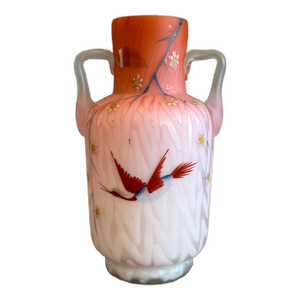 Antique Mount Washington Pink Satin Cased Glass Vase With Handles and Crane Bird