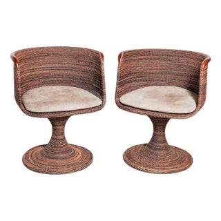 Rare Pair of 1960s Rattan Swivel Armchairs, Wood Top For Sale