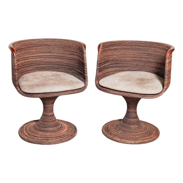 Rare Pair of 1960s Rattan Swivel Armchairs, Wood Top For Sale