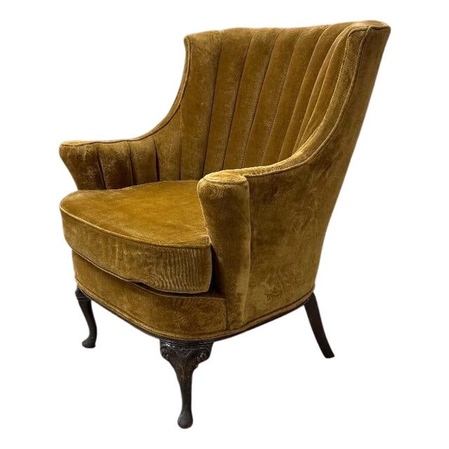 A Vintage Channel-Tufted Velvet Armchair With Carved Cabriole Legs. For Sale