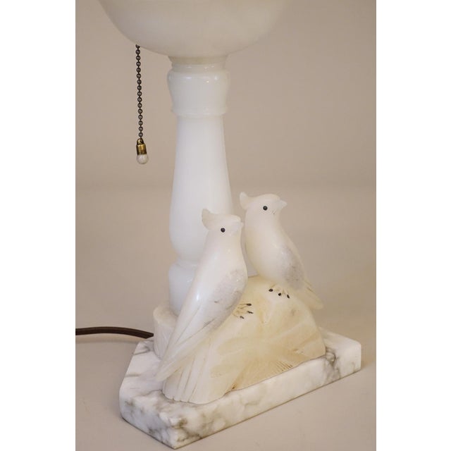 1930s Art Deco Carved Alabaster Marble Two Love Birds Sculpture FairyTable Lamp Italy For Sale - Image 4 of 14