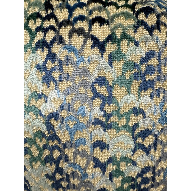 Custom pair of 22" pillows covered in a luxe epingle cut velvet in a fish scale pattern of blues and green on a golden...