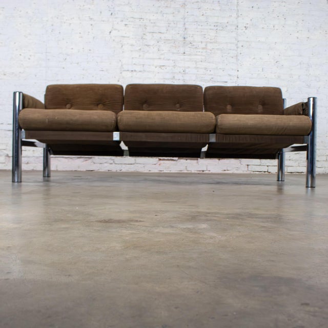 Modern Late 20th Century Modern James David Sling Sofa W/Brown Wide Wale Corduroy Chrome Frame For Sale - Image 3 of 18