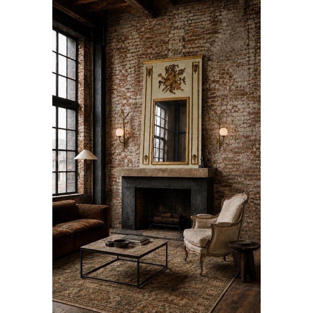 Cream Monumental Newel French Louis XVI Style Painted & Gilt Trumeau Mirror With Musical Trophy Crest For Sale - Image 8 of 9