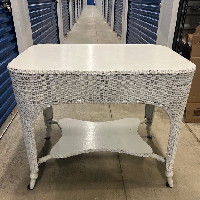 Coastal Antique Victorian Painted White Wicker Library Table For Sale - Image 3 of 8