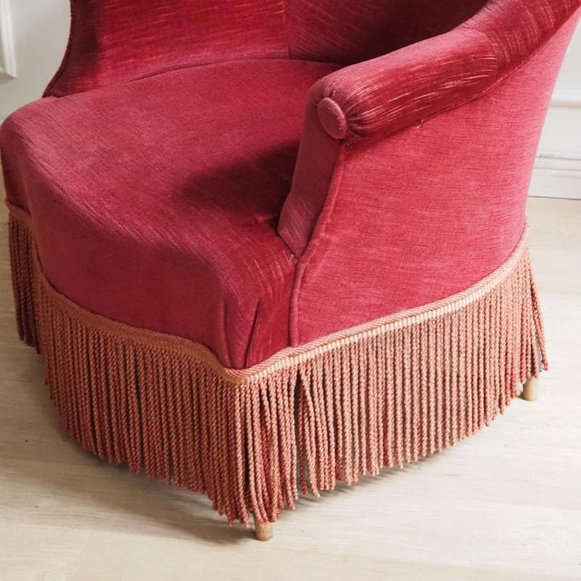 1950s Vintage French Burgundy Cocktail Chair with Fringed Apron For Sale - Image 5 of 10
