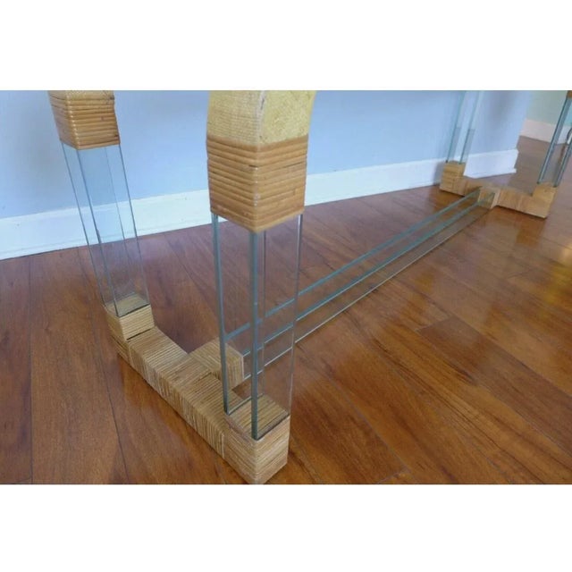Grasscloth and Glass Waterfall Console Table Curved Rattan For Sale In Jacksonville, FL - Image 6 of 9