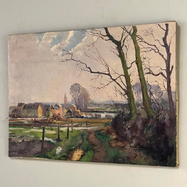 Antique Oil Painting on Canvas by Victor Fermans 'Winter Village Landscape' For Sale - Image 4 of 16