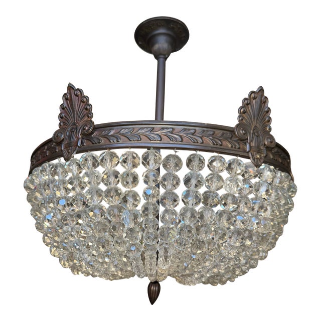 1930s Neoclassical Crystal Chandelier With Rococo Shell Motifs – Antique Bronze Finish For Sale