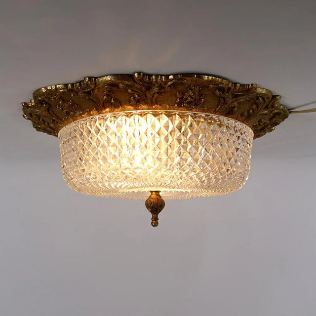 Gold Heavy Brass and Faceted Cut Glass Flush Mount with French Lily Motif For Sale - Image 8 of 10