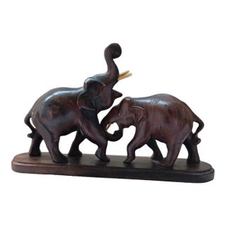 Vintage Hand-Carved Rosewood Fighting Elephants Sculpture on Base For Sale