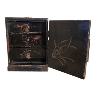 Antique Japanese Export Victorian Era Black Lacquered Wooden Jewelry Box Small Tabletop Cabinet With Photograph For Sale