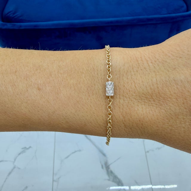 Gold 14k Rose Gold 0.41ctw Pave Diamond Barrel Rondelle Charm Chain Link Bracelet For Sale - Image 8 of 8
