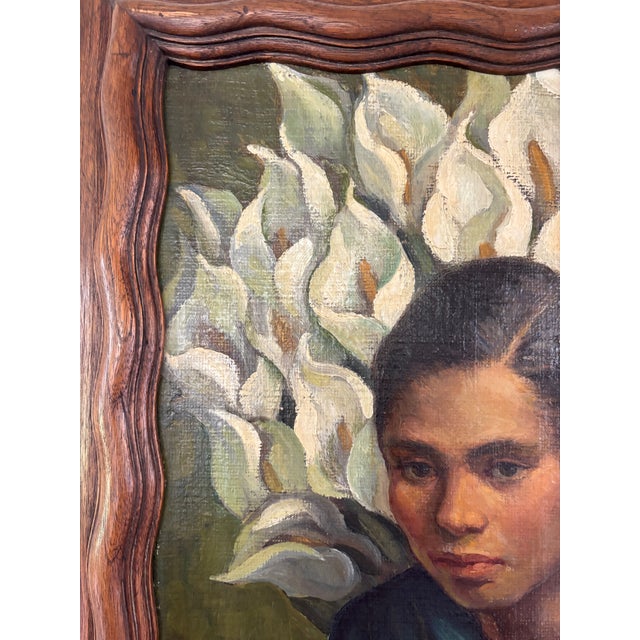 Mexican Mid 20th Century Framed Portrait of Young Woman With Calle Lilies Oil on Burlap by Jose Anastacio Munroy For Sale - Image 3 of 5