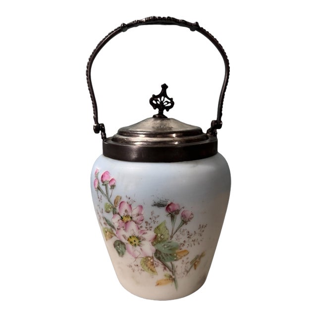 Antique Victorian Blue Floral Decorated Art Glass Biscuit Jar W Silverplate Top For Sale